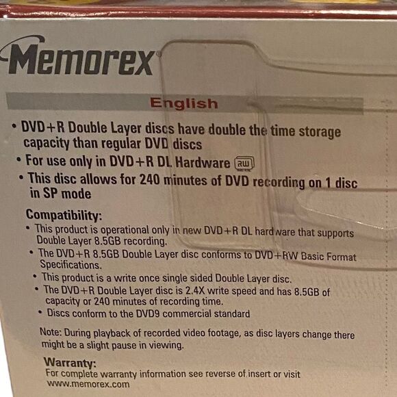 Memorex Double Layer DVD+R DL 3 Pack New Sealed - Picture 3 of 5